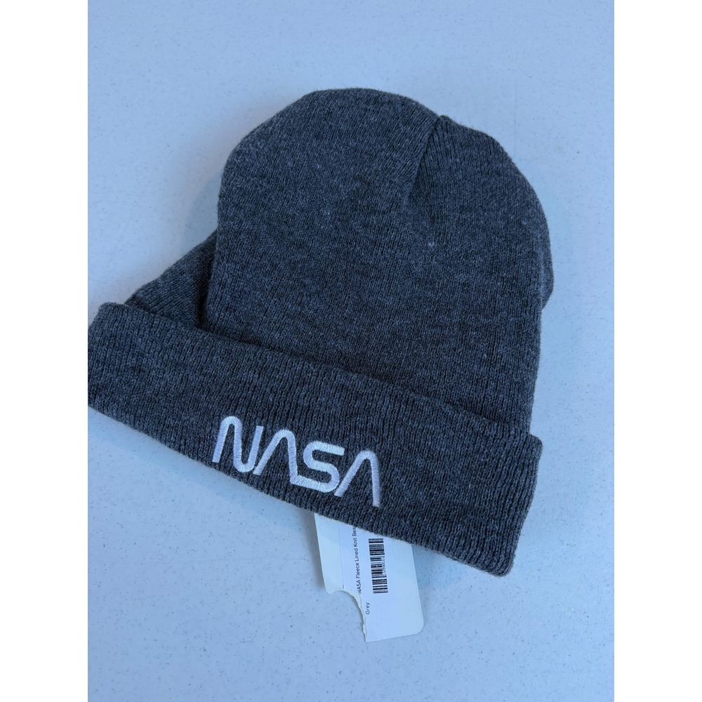 NASA Fleece Lined Knit Beanie Hat Grey White Logo Cuffed Winter Cap